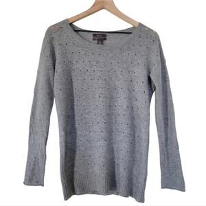Saffron Cashmere Crew Neck Eyelet Knit Sweater Size Medium Heather Gray